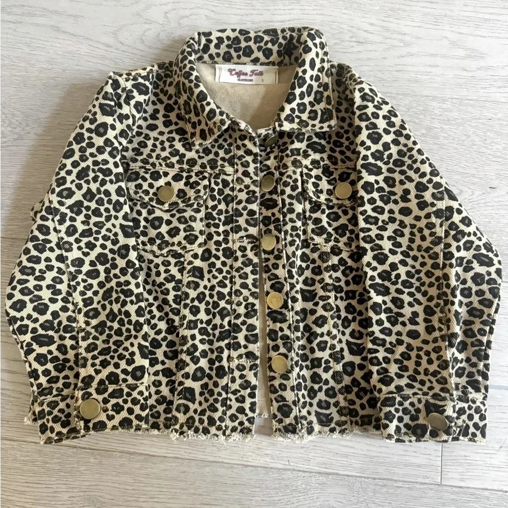 Coffee Talk girls Cheetah print raw hem jeans jacket 5T